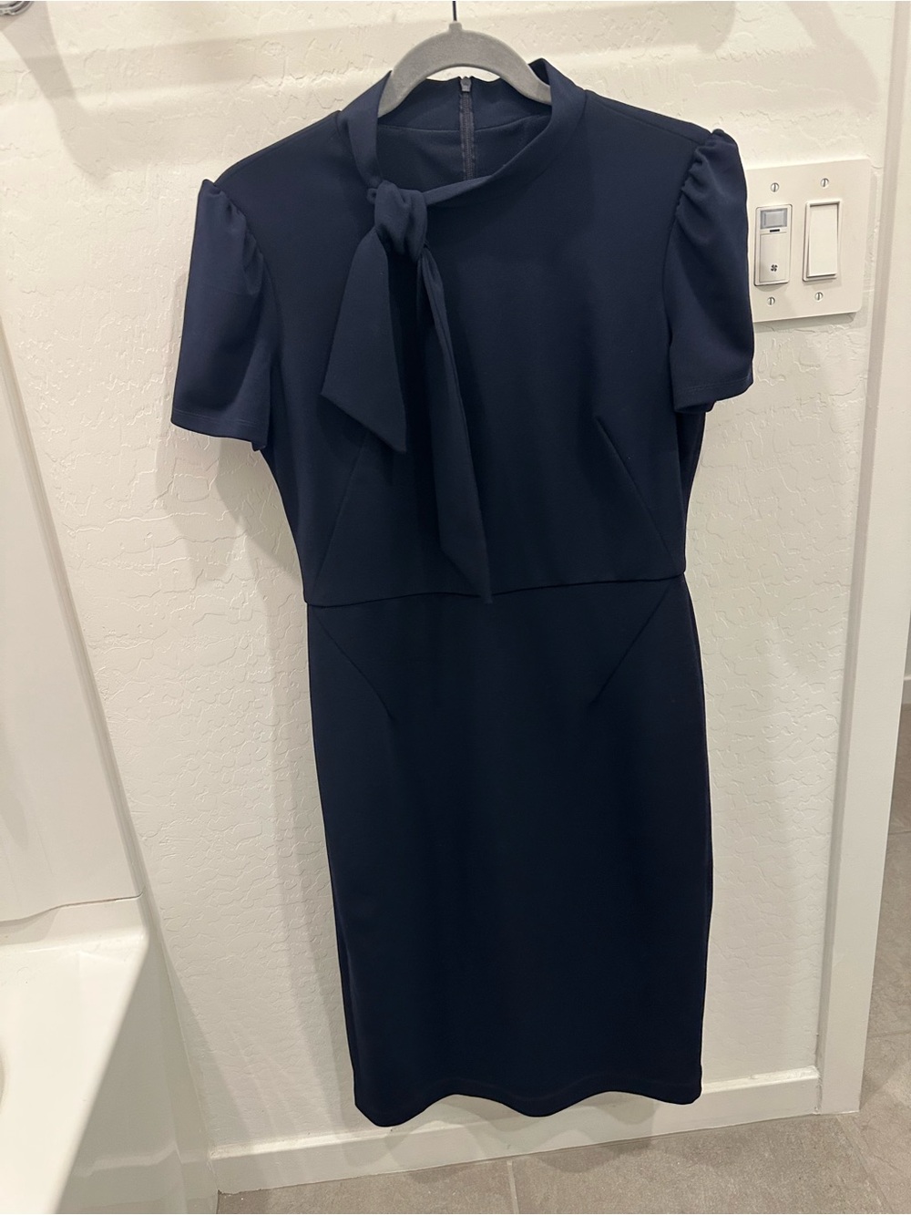 Maggy London Navy Tie-Neck Midi Sheath Dress